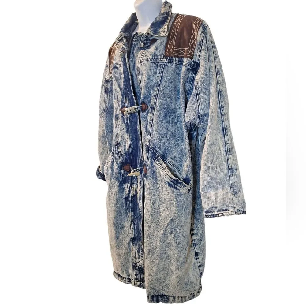 Izzi vintage 80s stone washed denim with leather accents long jacket/coat L - Picture 2 of 14